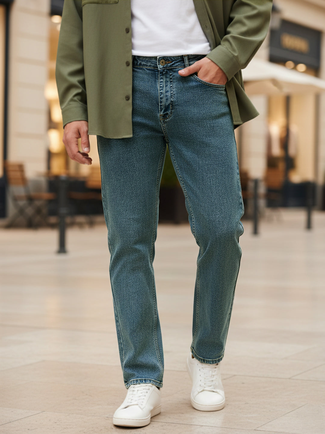 Men's Ice Blue Regular Fit Towel Washed Yellow Tint Denim Jeans Stretchable