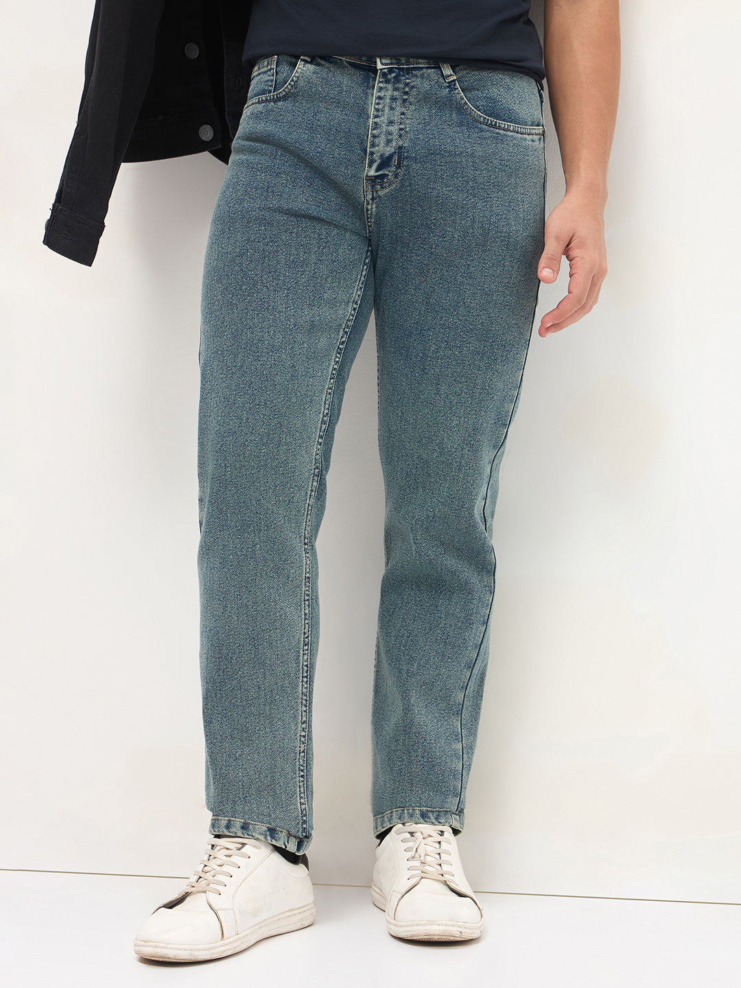 Men's Ice Blue Regular Fit Towel Washed Yellow Tint Denim Jeans Stretchable