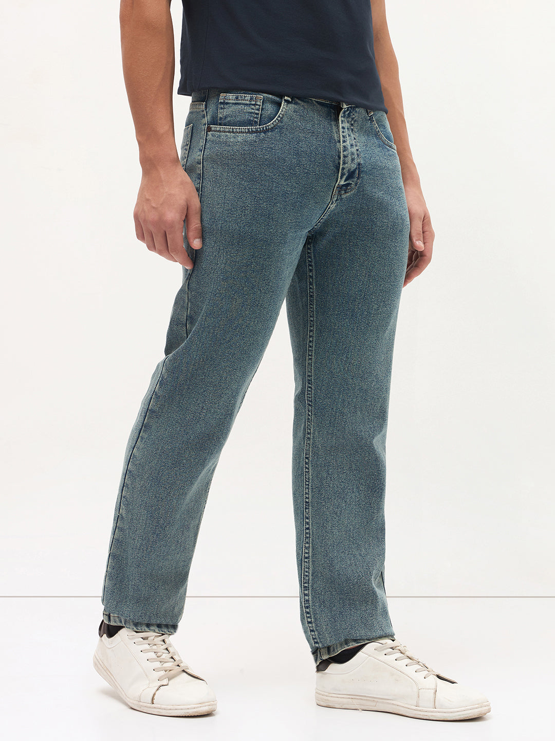 Men's Ice Blue Regular Fit Towel Washed Yellow Tint Denim Jeans Stretchable