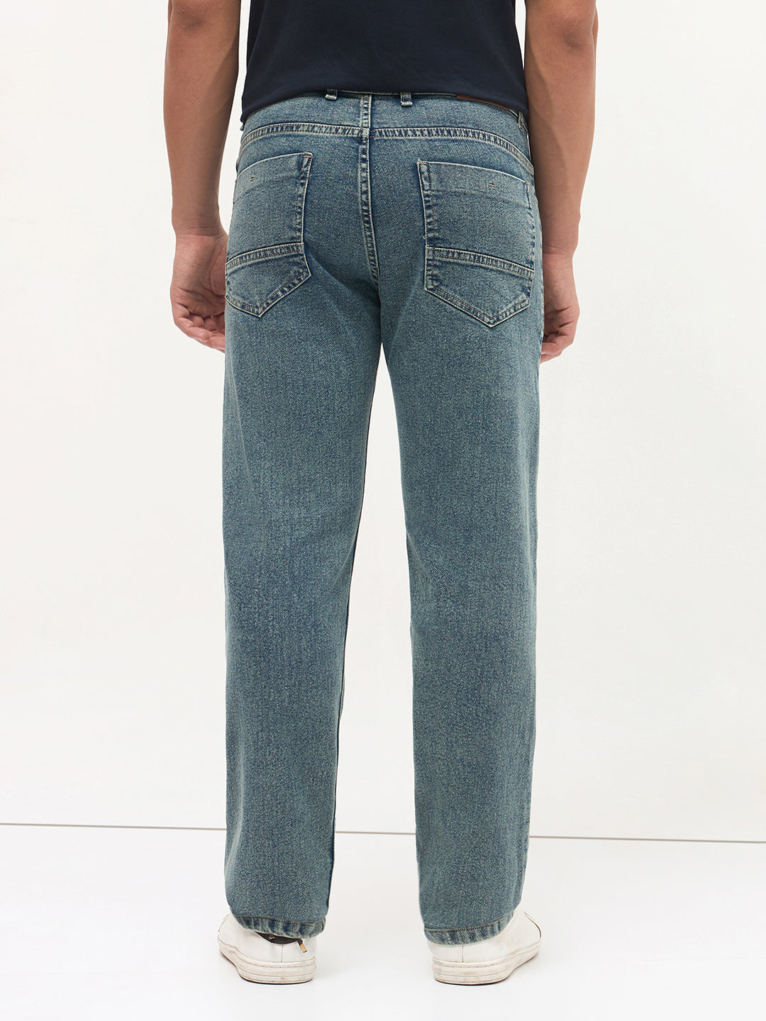 Men's Ice Blue Regular Fit Towel Washed Yellow Tint Denim Jeans Stretchable