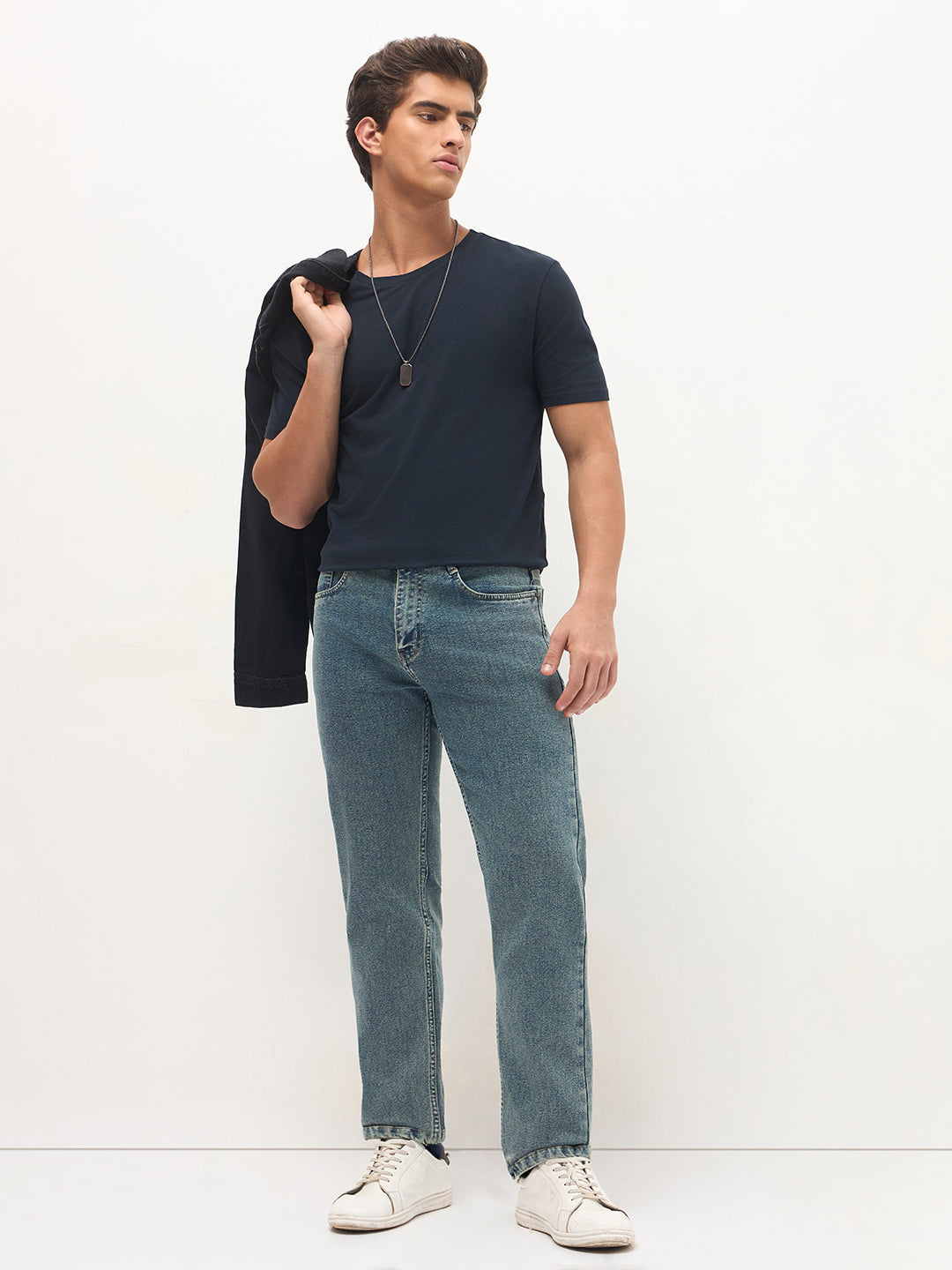 Men's Ice Blue Regular Fit Towel Washed Yellow Tint Denim Jeans Stretchable