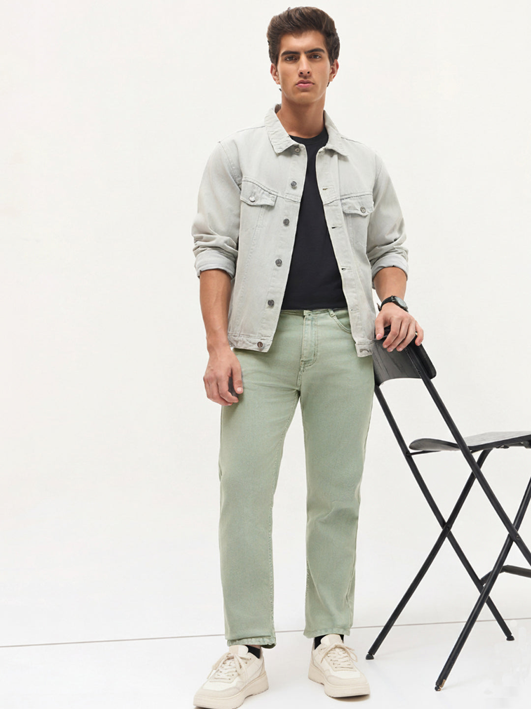 Men's Ice Grey Regular Fit Towel Washed Yellow Tint Denim Jeans Stretchable