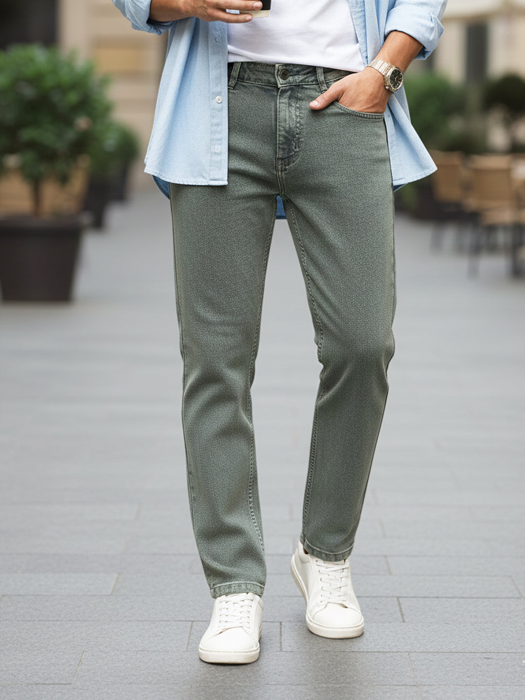 Men's Light Grey Regular Fit Towel Washed Yellow Tint Denim Jeans Stretchable