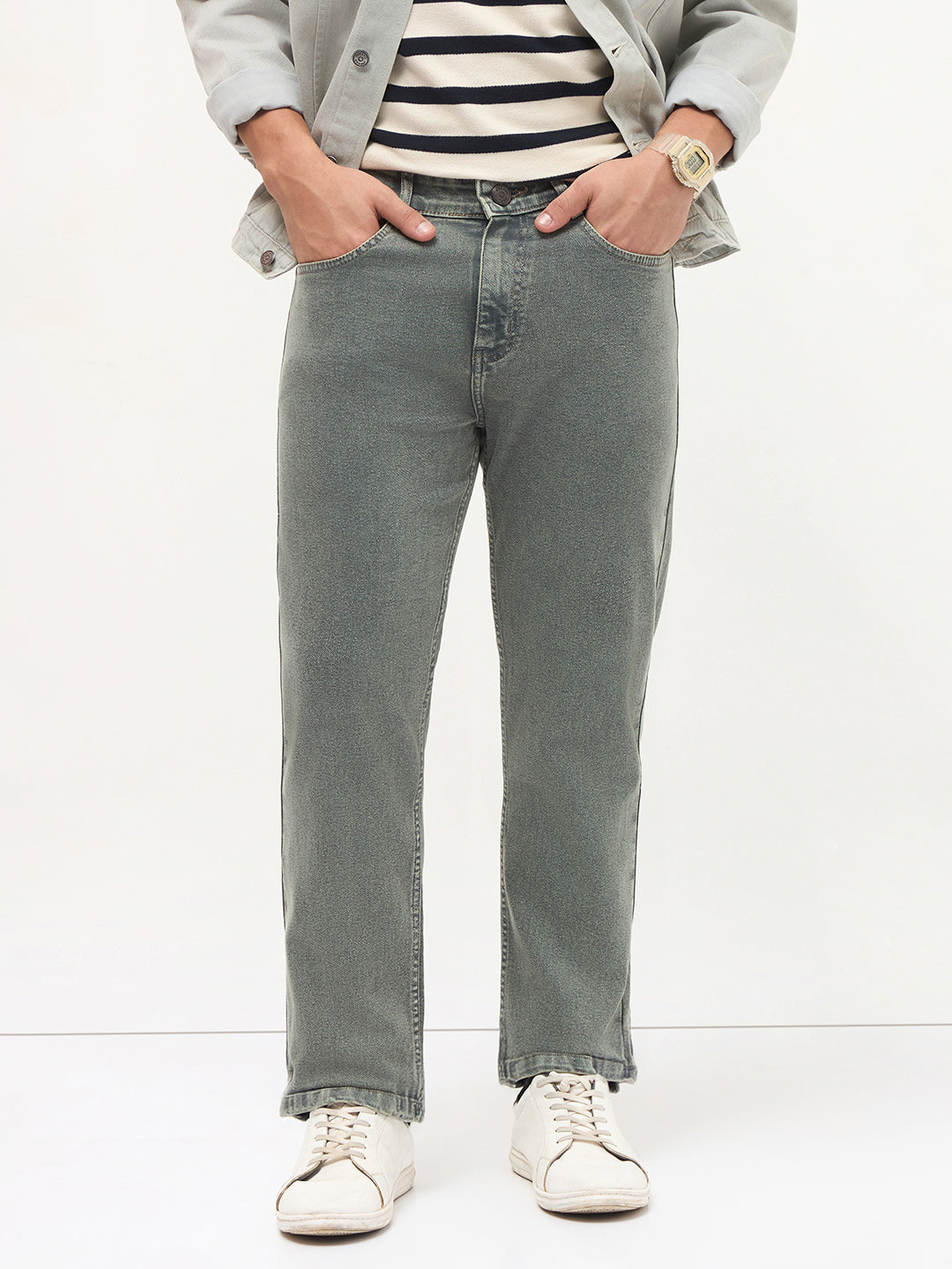 Men's Light Grey Regular Fit Towel Washed Yellow Tint Denim Jeans Stretchable