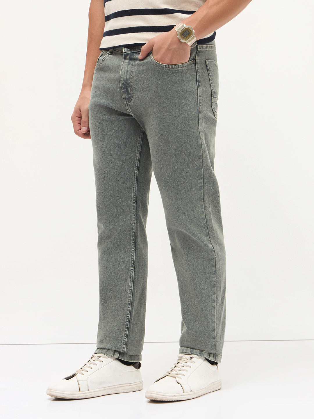 Men's Light Grey Regular Fit Towel Washed Yellow Tint Denim Jeans Stretchable