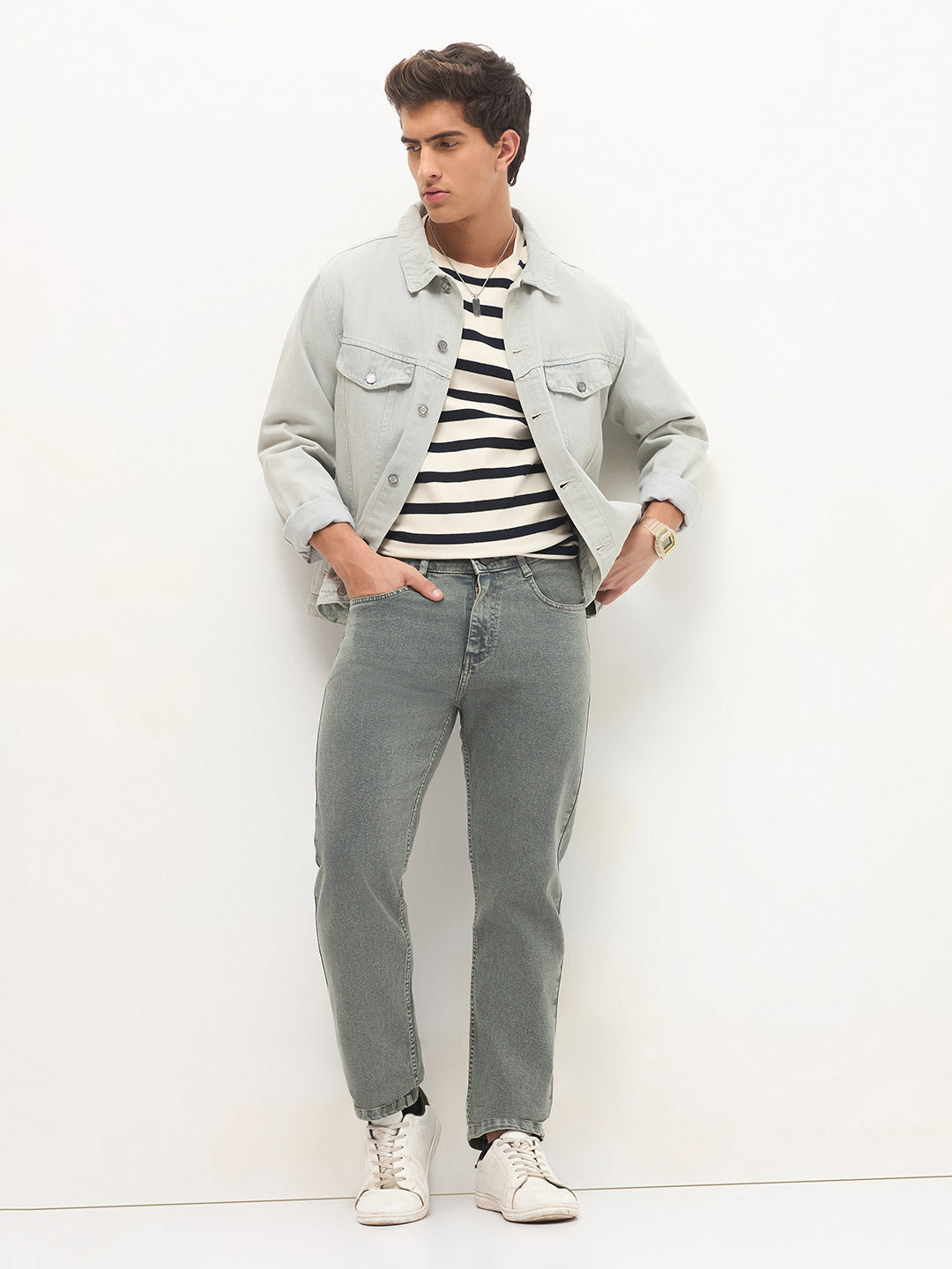 Men's Light Grey Regular Fit Towel Washed Yellow Tint Denim Jeans Stretchable