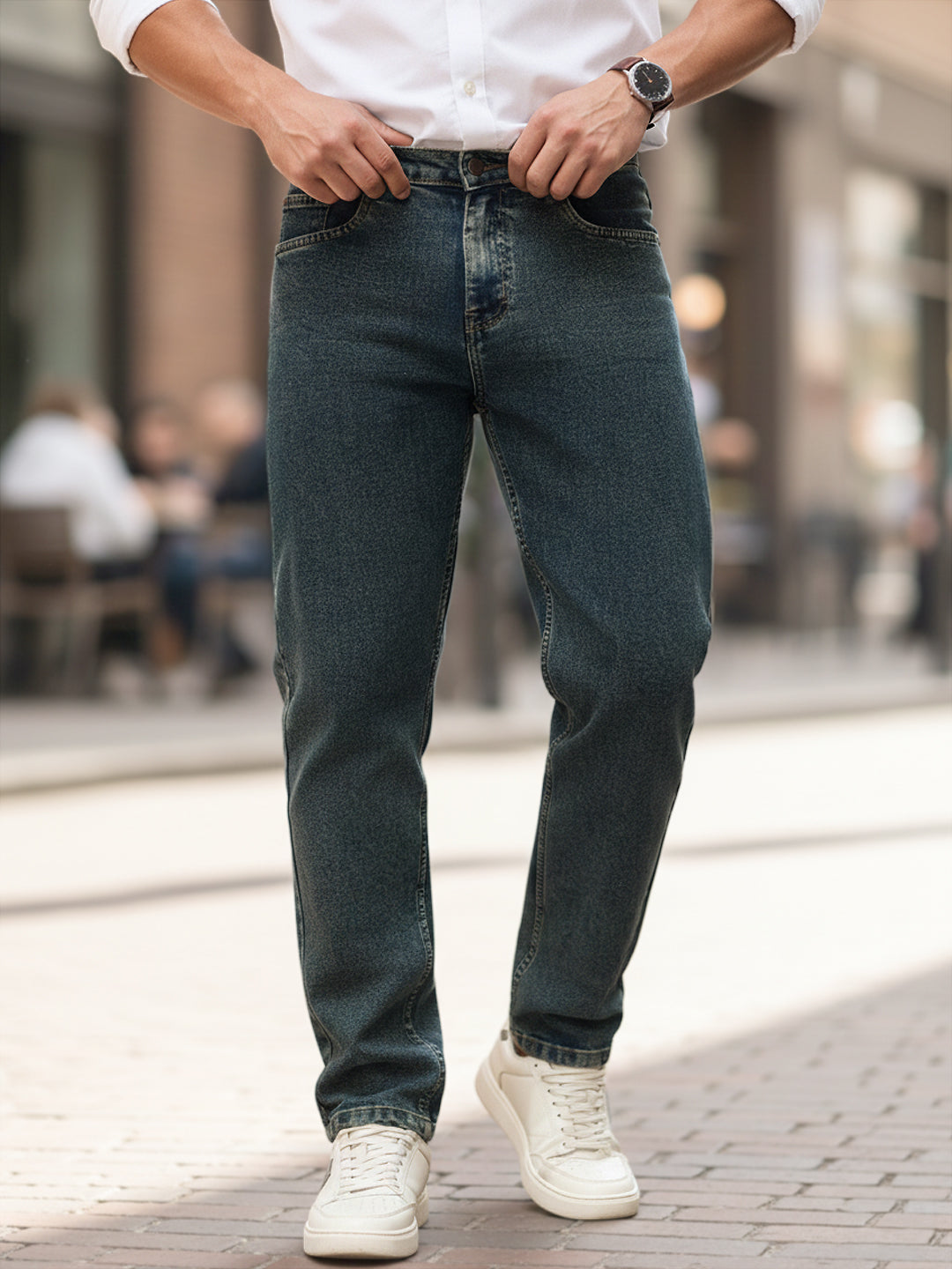 Men's Blue Regular Fit Whisker Wash Yellow Tint Denim Jeans Stretchable