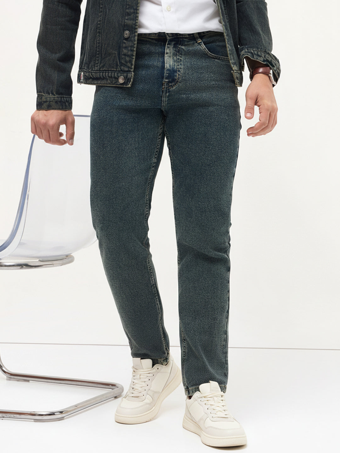 Men's Blue Regular Fit Towel Washed Yellow Tint Denim Jeans Stretchable