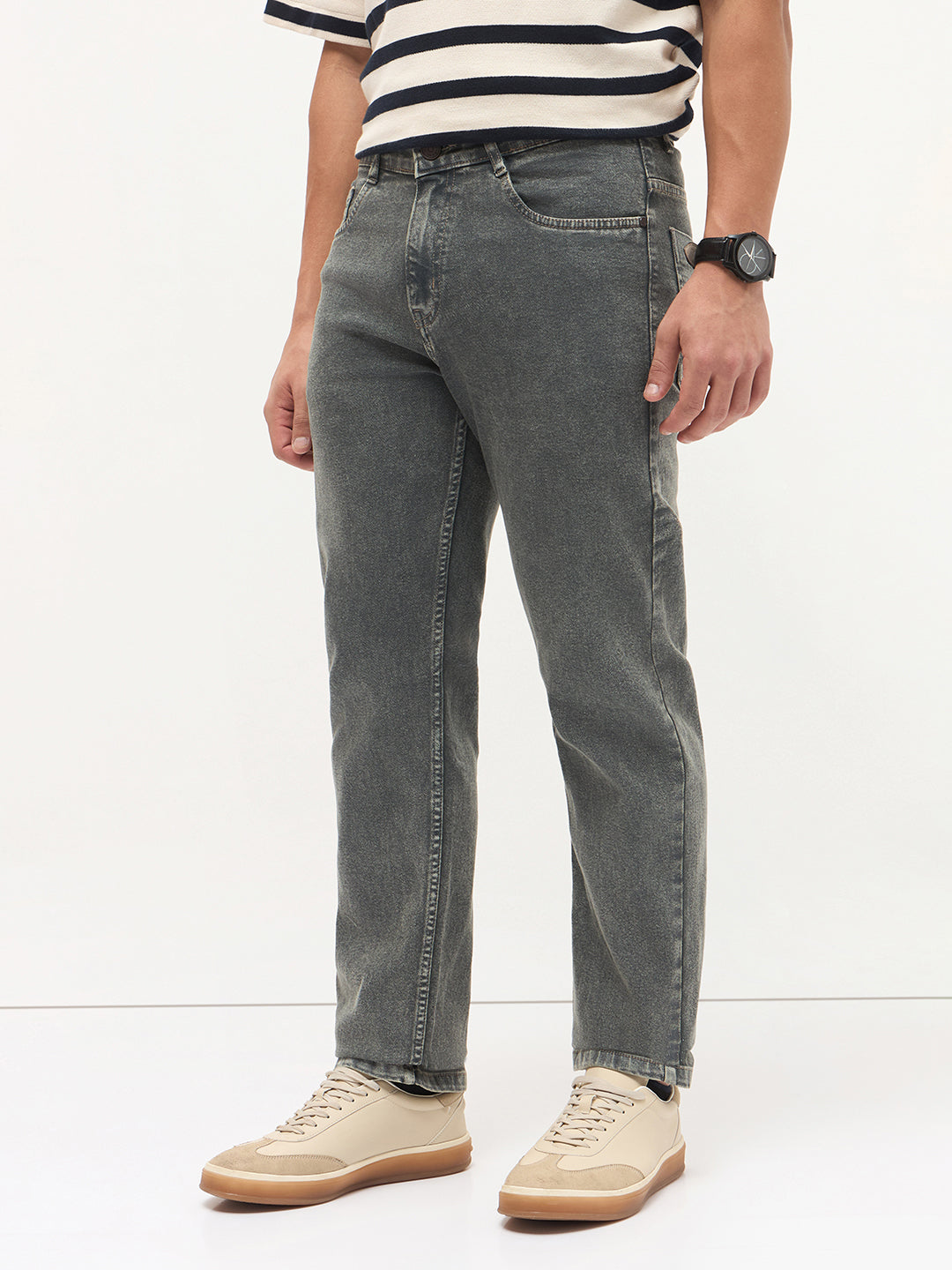 Men's Grey Regular Fit Towel Washed Yellow Tint Denim Jeans Stretchable