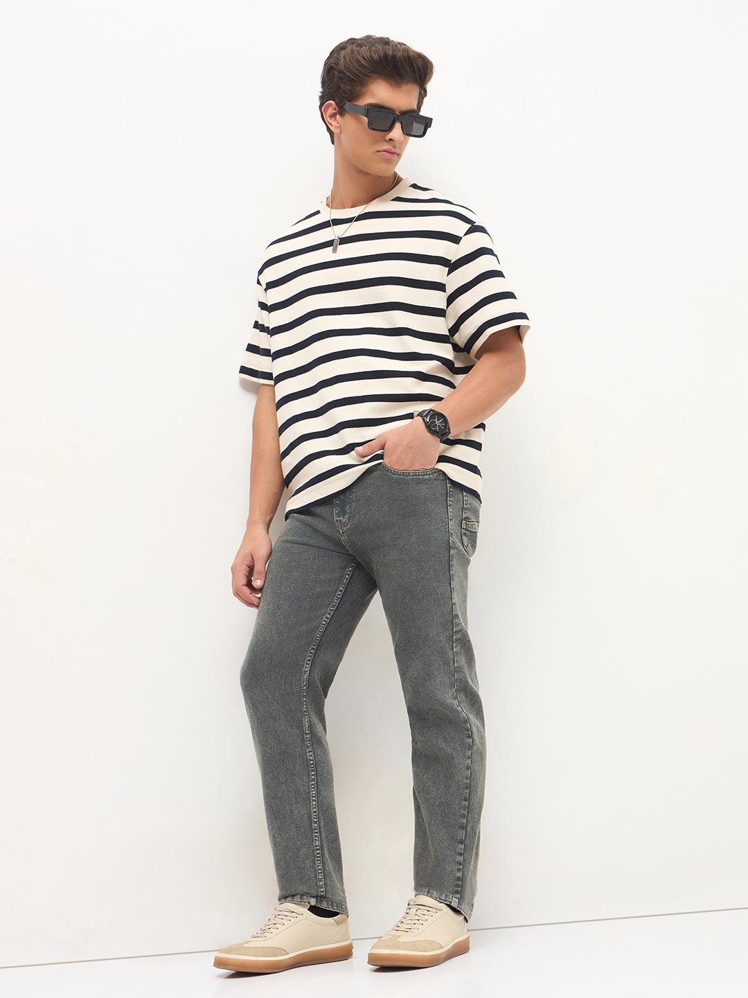 Men's Grey Regular Fit Towel Washed Yellow Tint Denim Jeans Stretchable