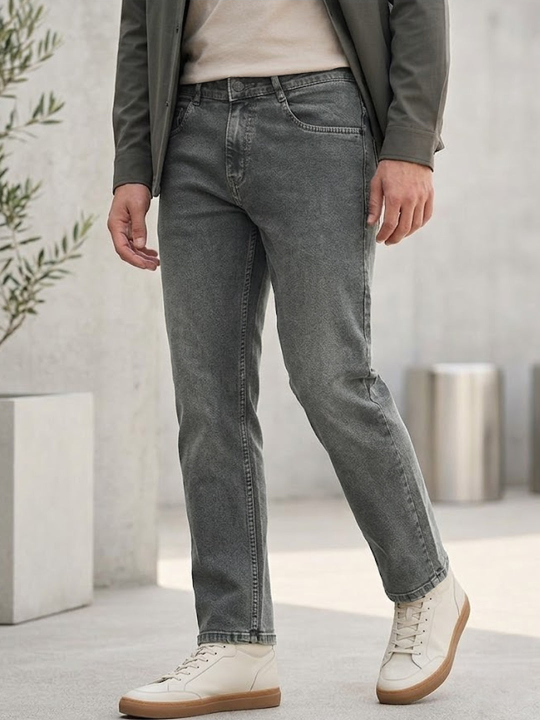 Men's Grey Regular Fit Towel Washed Yellow Tint Denim Jeans Stretchable