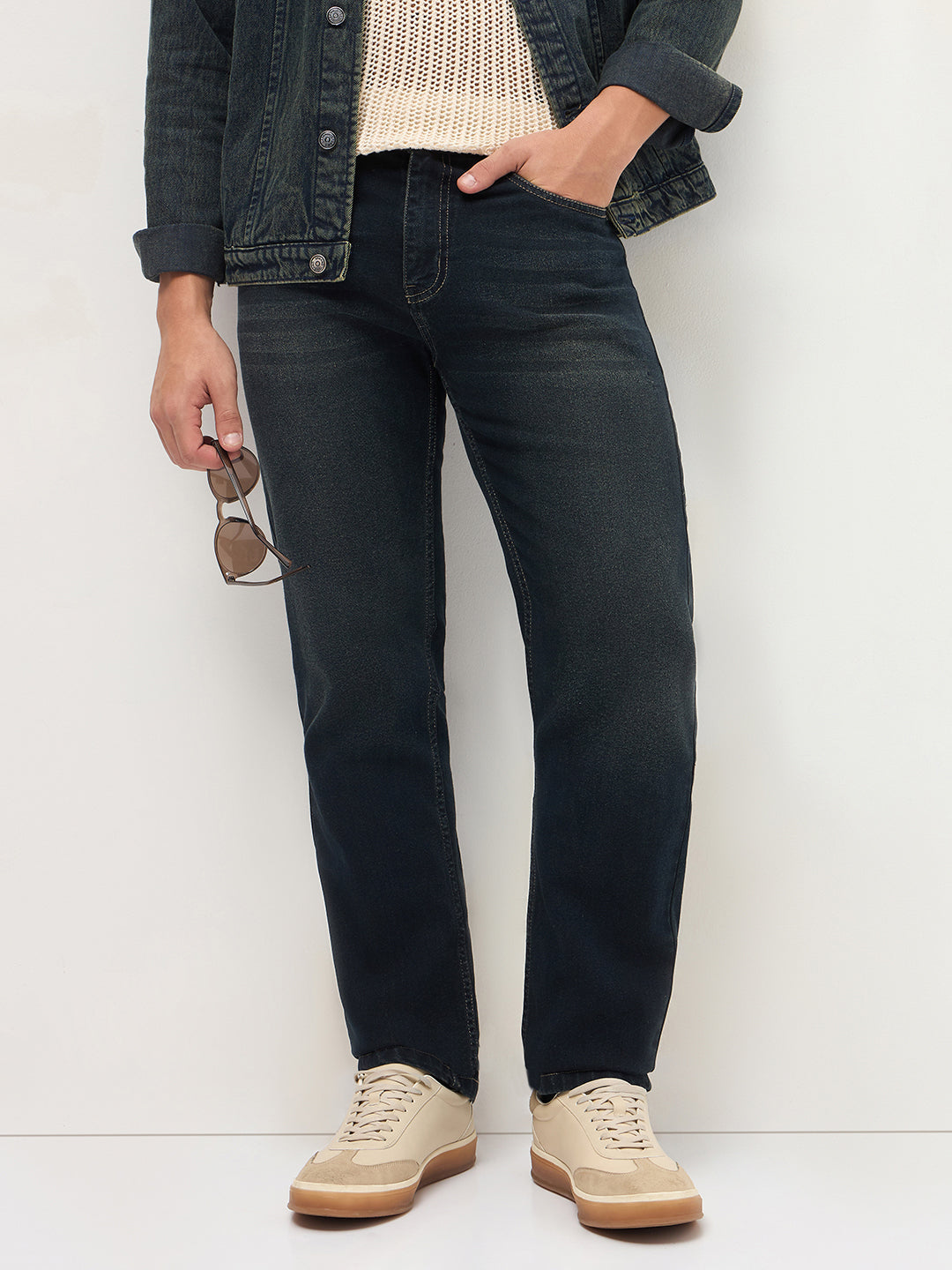 Men's Carbon Blue Regular Fit Whisker Wash Yellow Tint Denim Jeans Stretchable