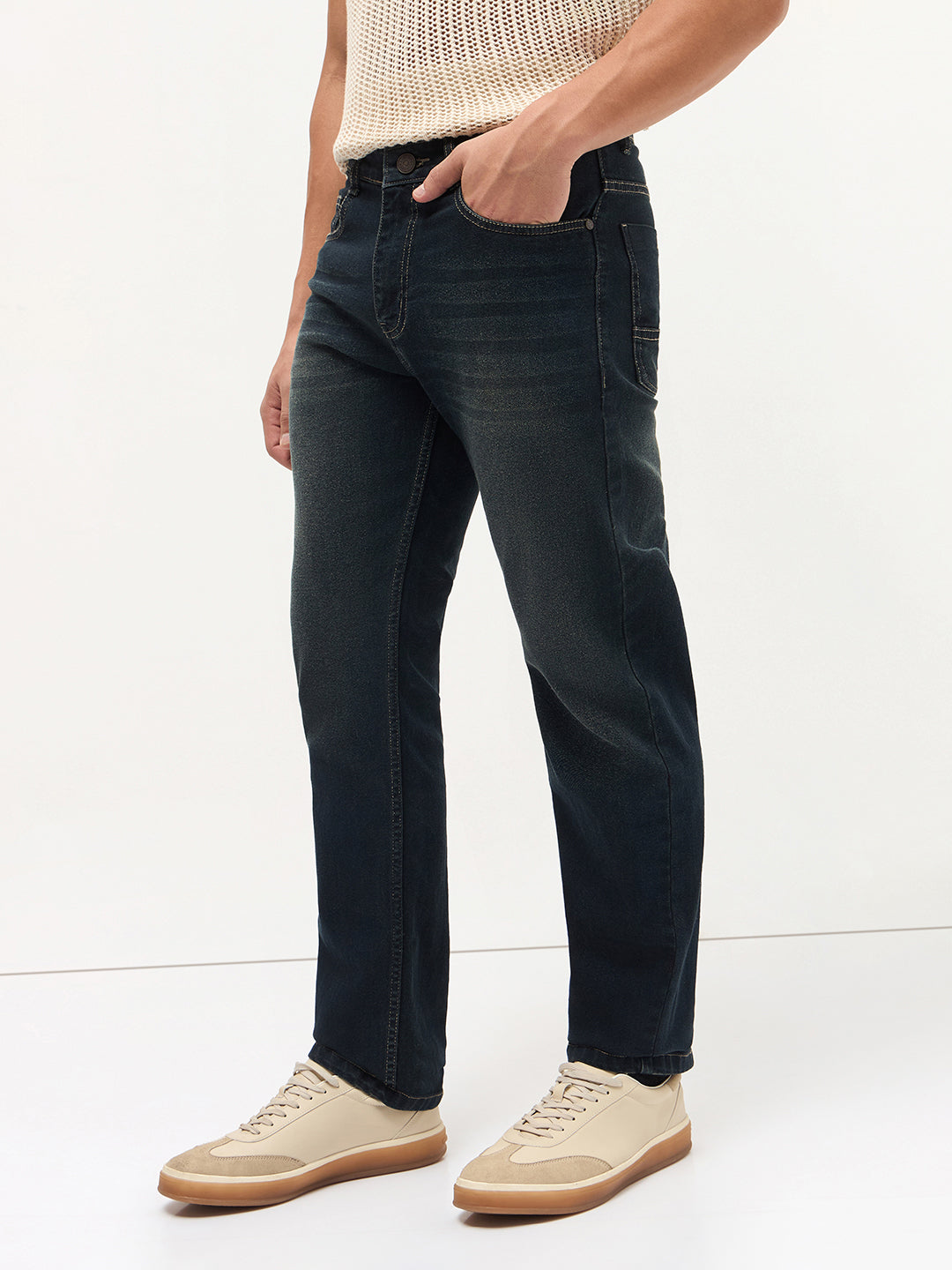 Men's Carbon Blue Regular Fit Whisker Wash Yellow Tint Denim Jeans Stretchable