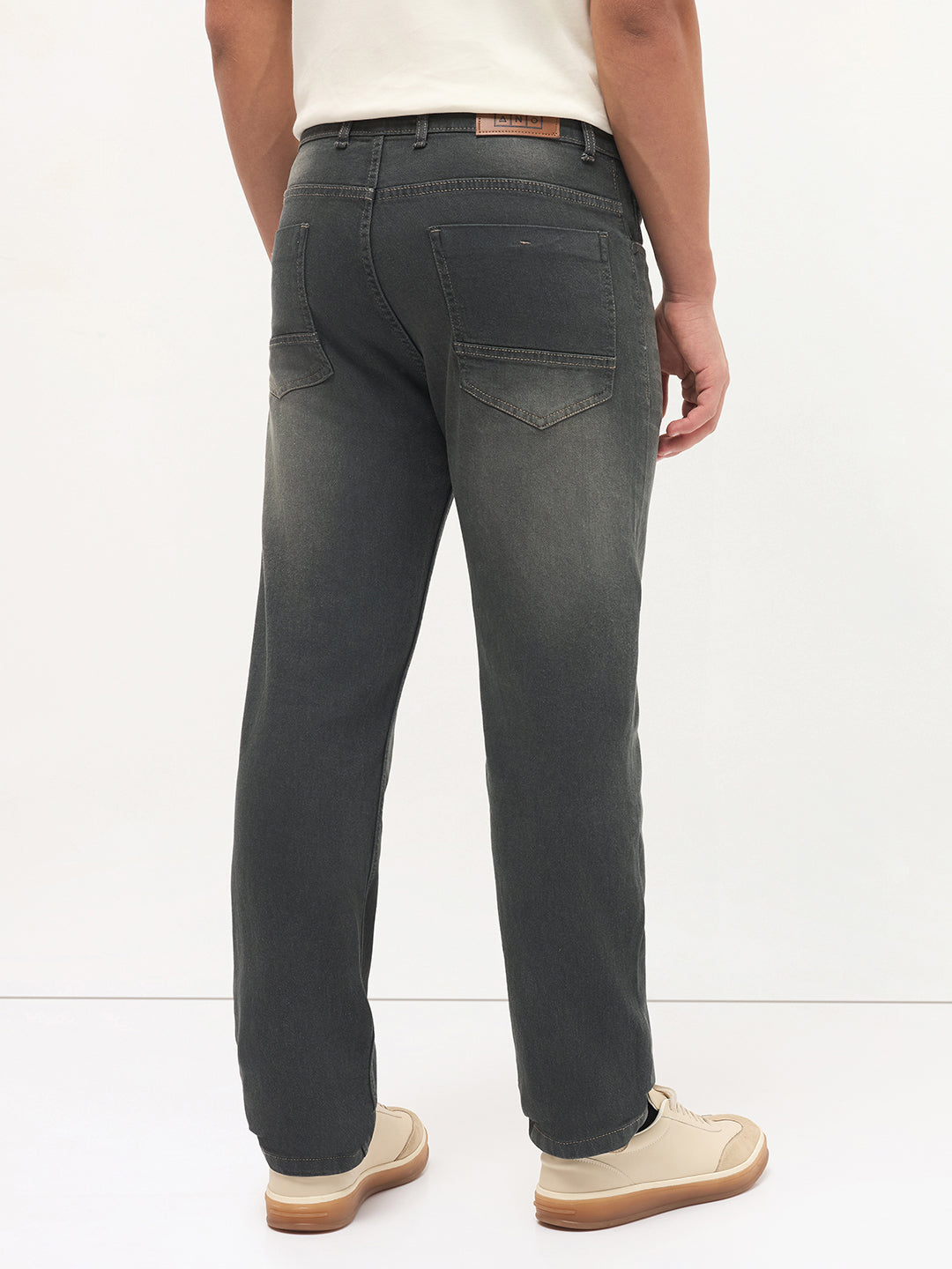 Men's Dark Grey Regular Fit Whisker Wash Yellow Tint Denim Jeans Stretchable