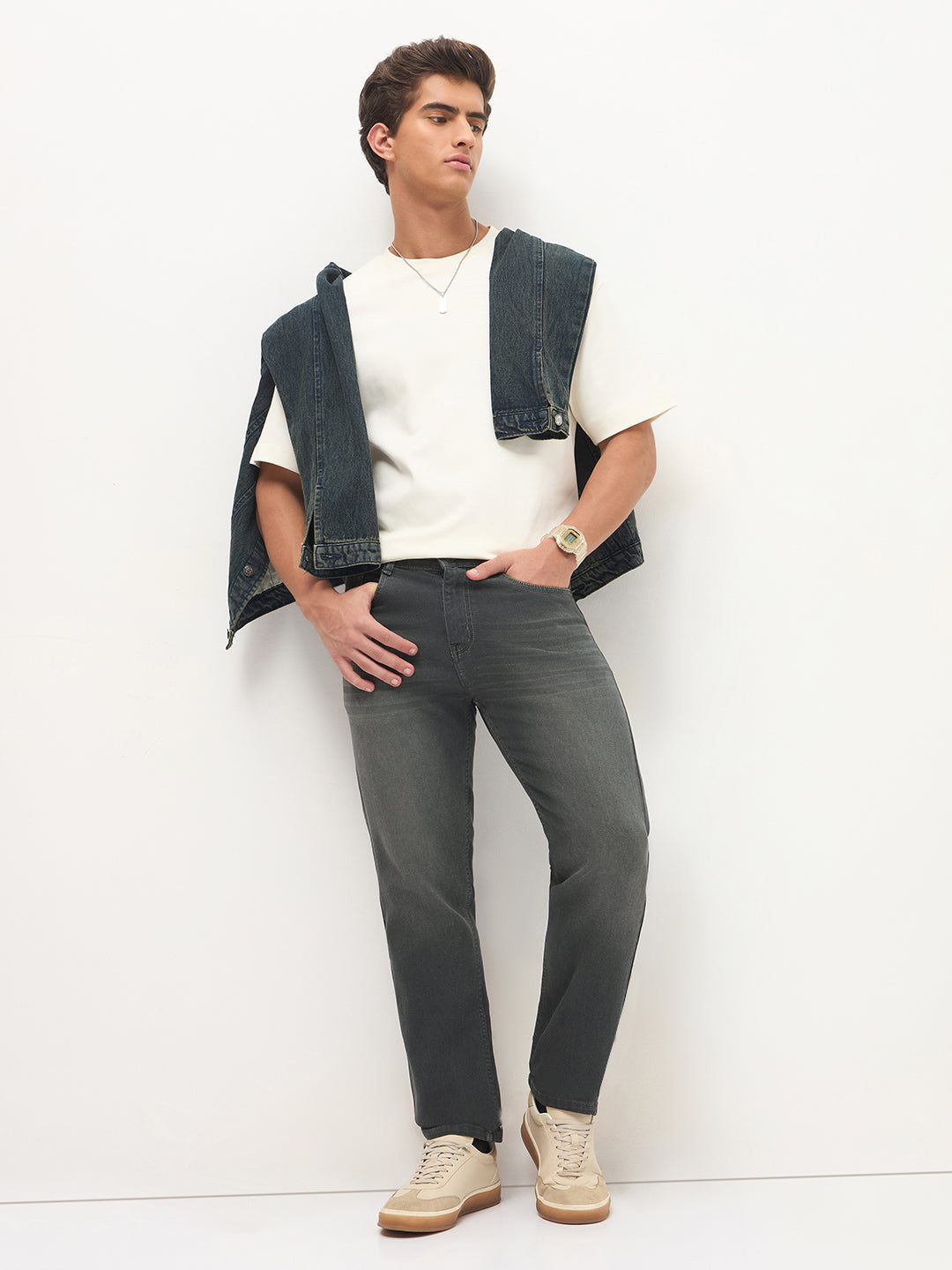 Men's Dark Grey Regular Fit Whisker Wash Yellow Tint Denim Jeans Stretchable