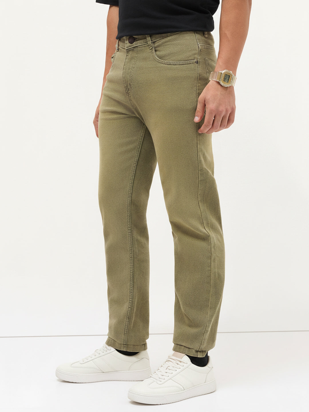 Men's Ice Grey Regular Fit Whisker Wash Yellow Tint Denim Jeans Stretchable