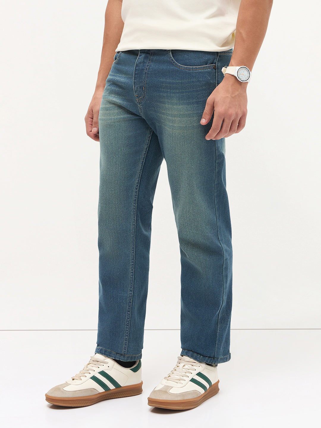 Men's Light Blue Regular Fit Whisker Wash Yellow Tint Denim Jeans Stretchable