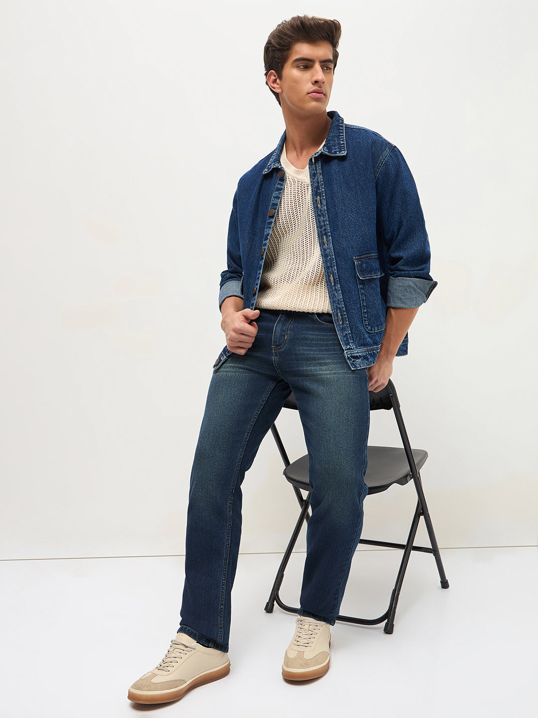 Men's Blue Regular Fit Whisker Wash Yellow Tint Denim Jeans Stretchable