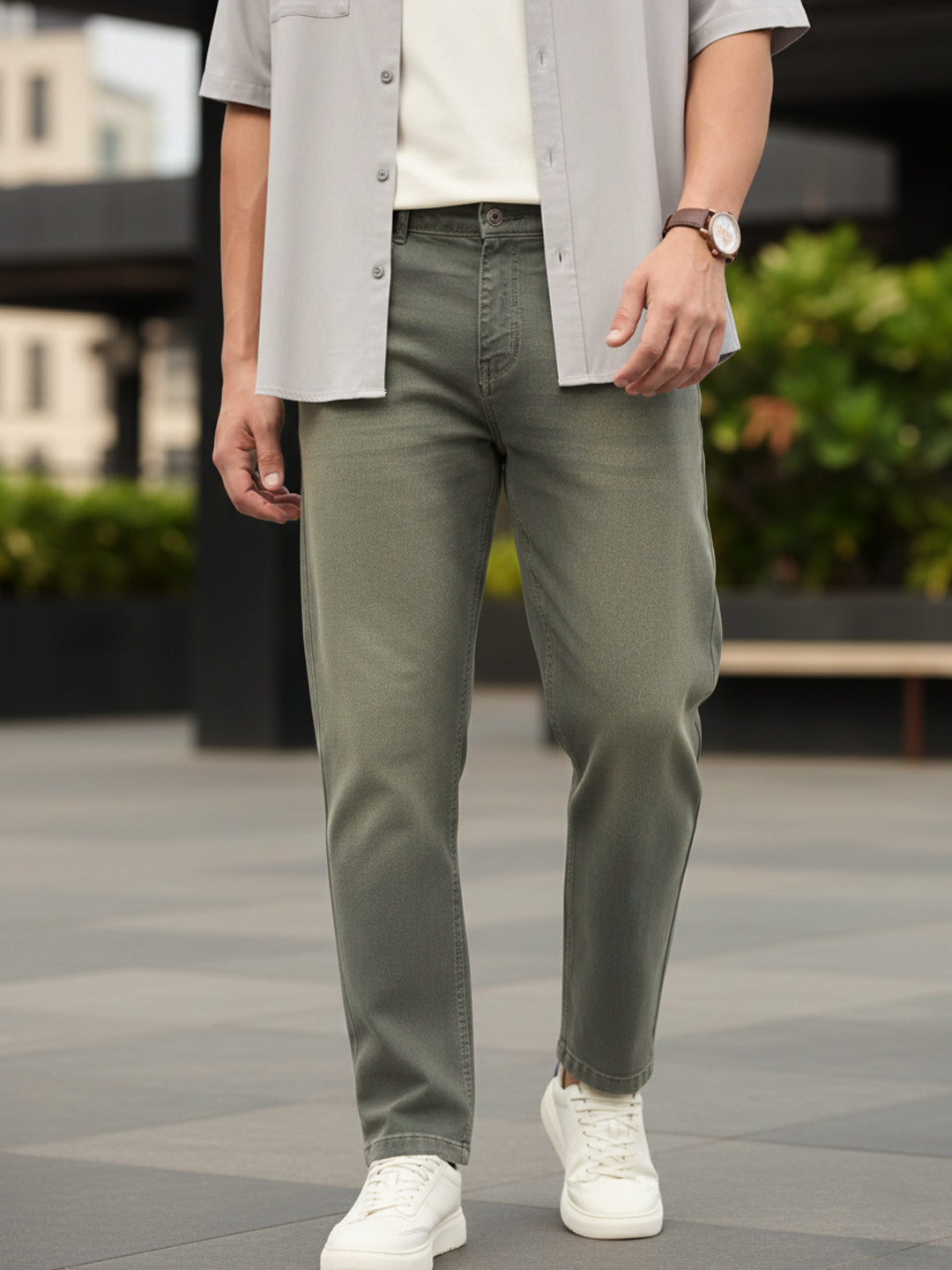 Men's Grey Regular Fit Whisker Wash Yellow Tint Denim Jeans Stretchable