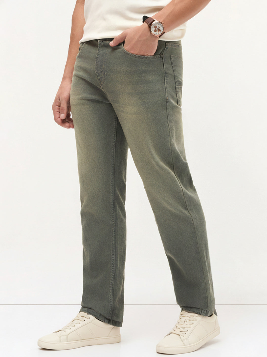 Men's Grey Regular Fit Whisker Wash Yellow Tint Denim Jeans Stretchable