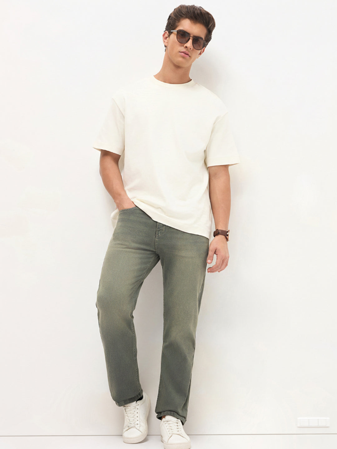 Men's Grey Regular Fit Whisker Wash Yellow Tint Denim Jeans Stretchable