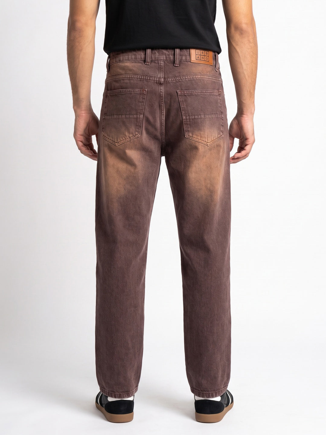 Men's Brown Relaxed Fit Washed Denim Jeans Non-Stretchable