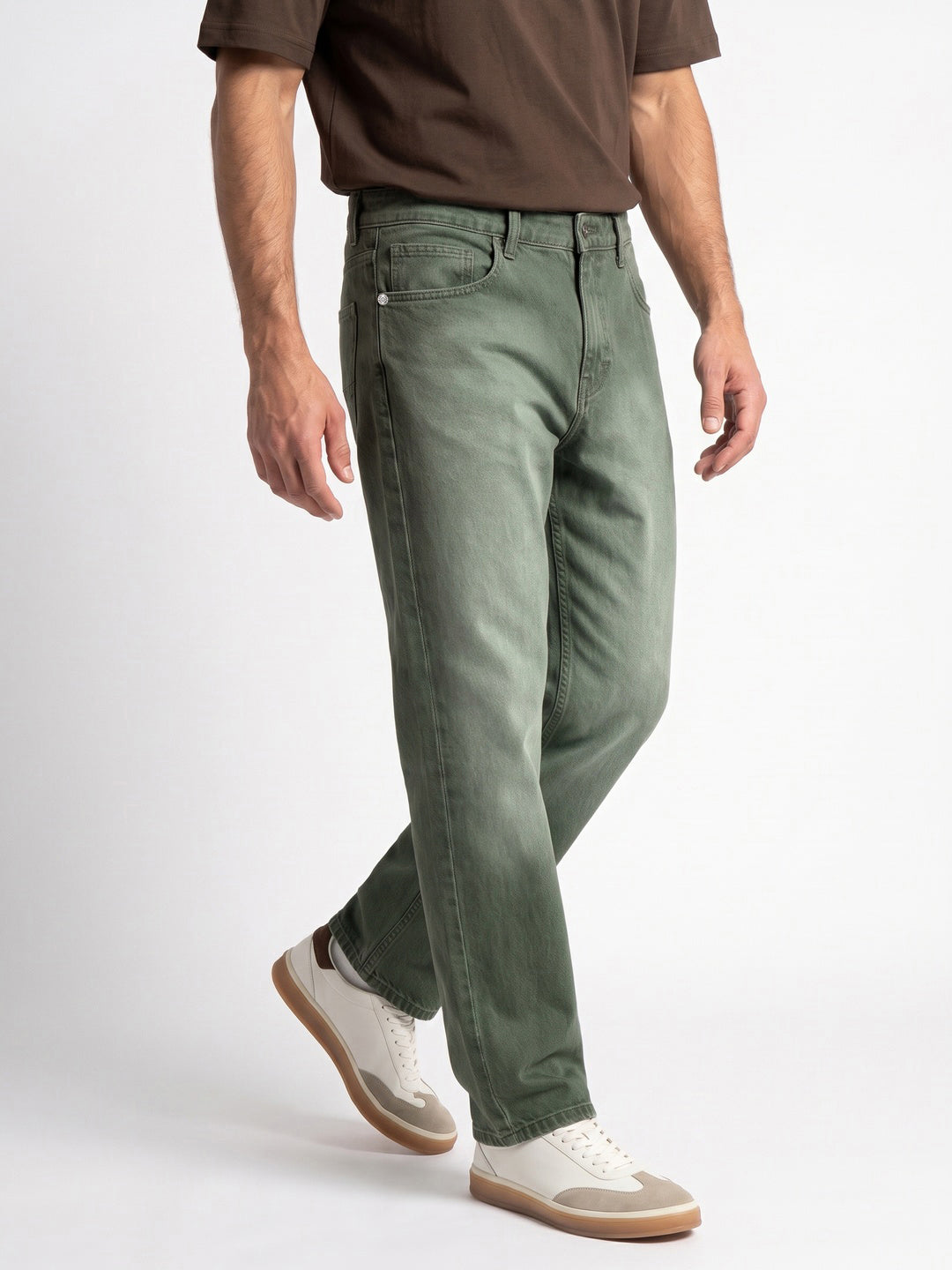 Men's Olive Relaxed Fit Washed Denim Jeans Non-Stretchable
