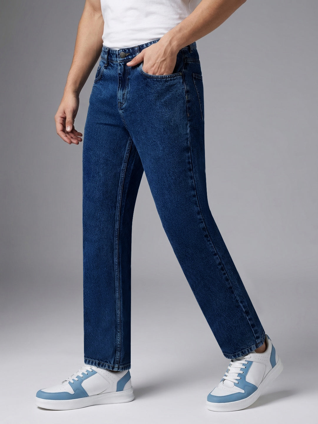 Men's Dark Blue Relaxed Fit Washed Denim Jeans Non-Stretchable