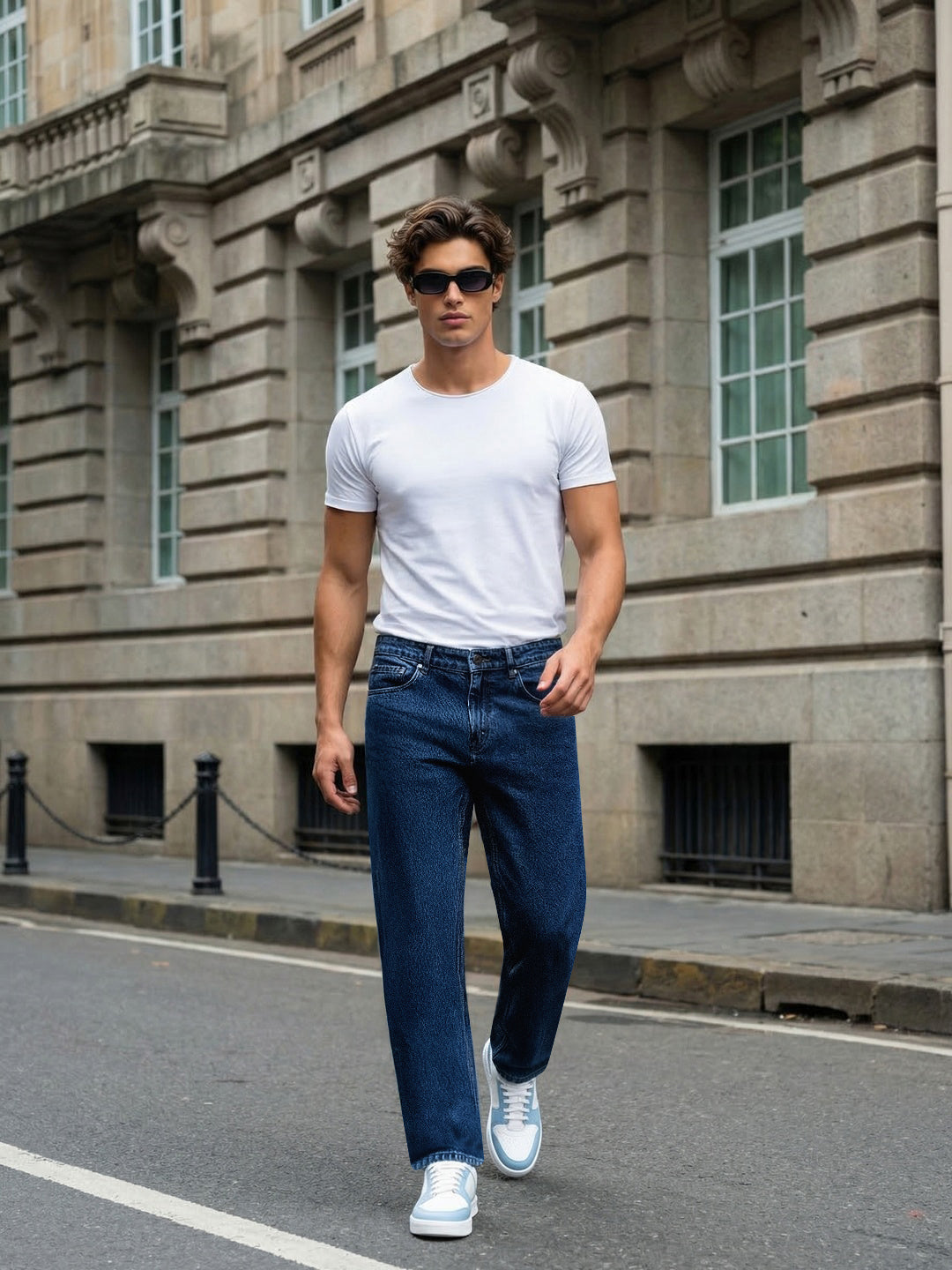 Men's Dark Blue Relaxed Fit Washed Denim Jeans Non-Stretchable