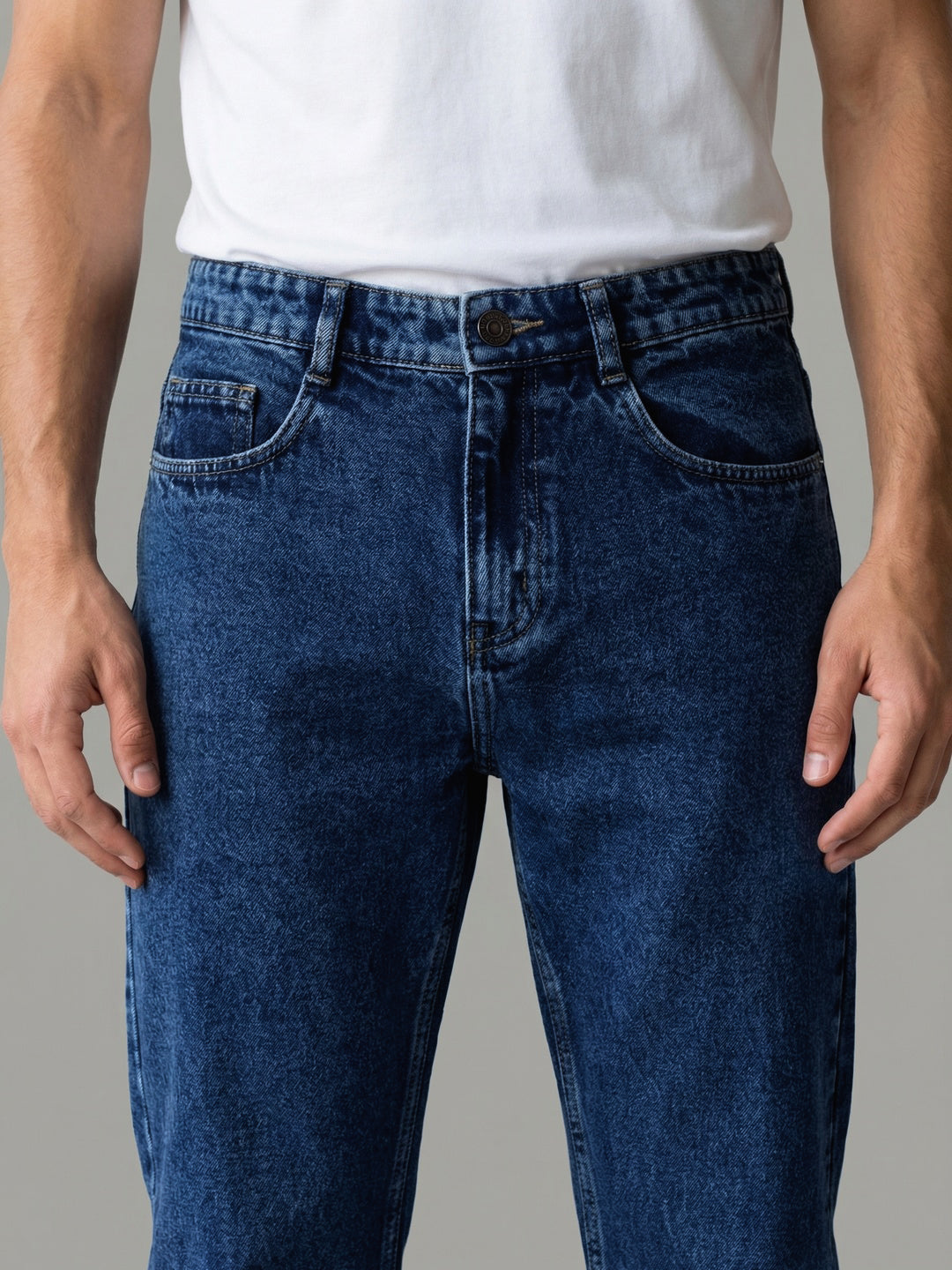 Men's Dark Blue Relaxed Fit Washed Denim Jeans Non-Stretchable