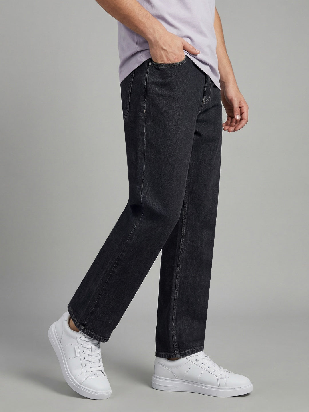 Men's Dark Grey Relaxed Fit Washed Denim Jeans Non-Stretchable