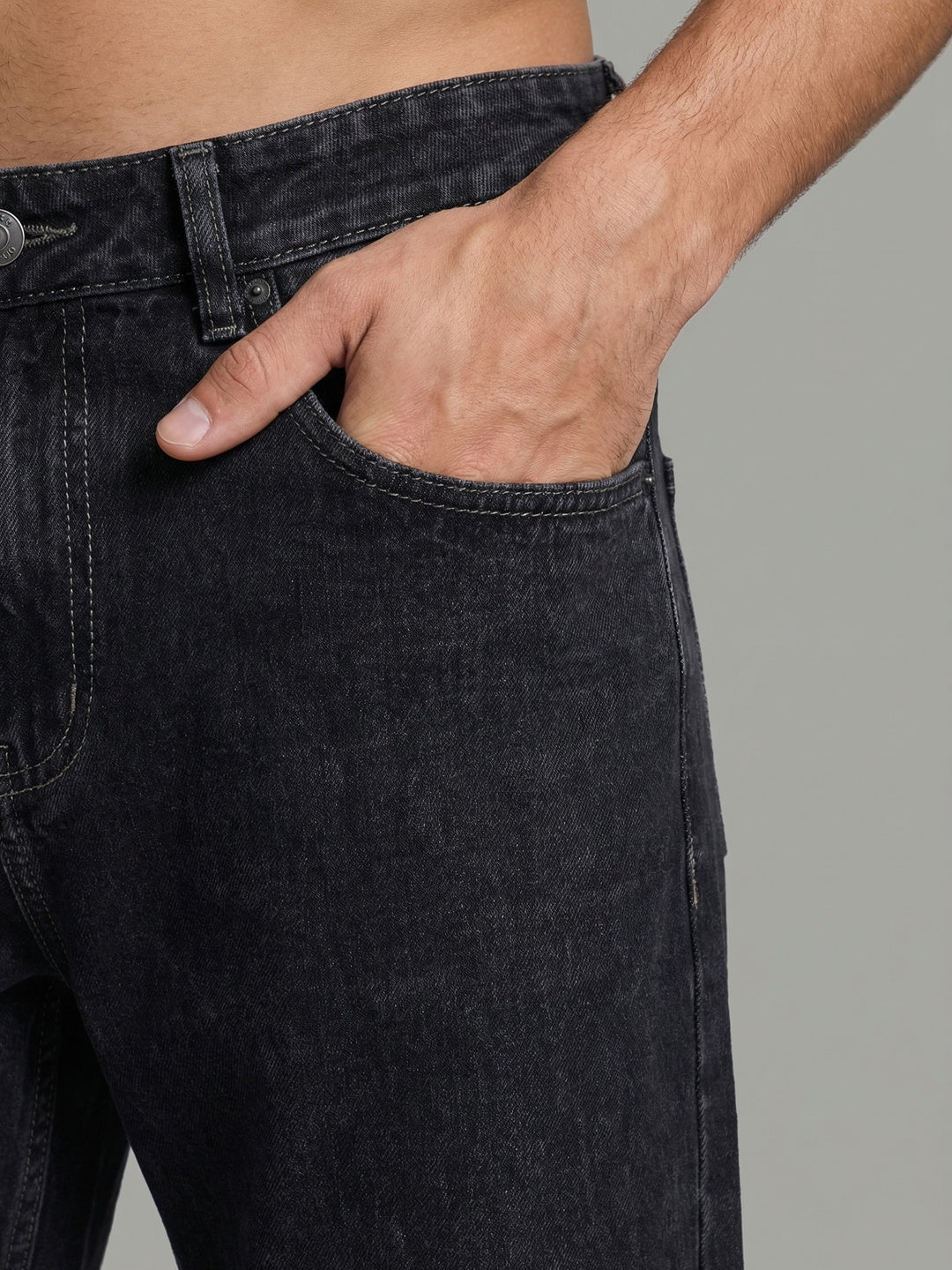 Men's Dark Grey Relaxed Fit Washed Denim Jeans Non-Stretchable