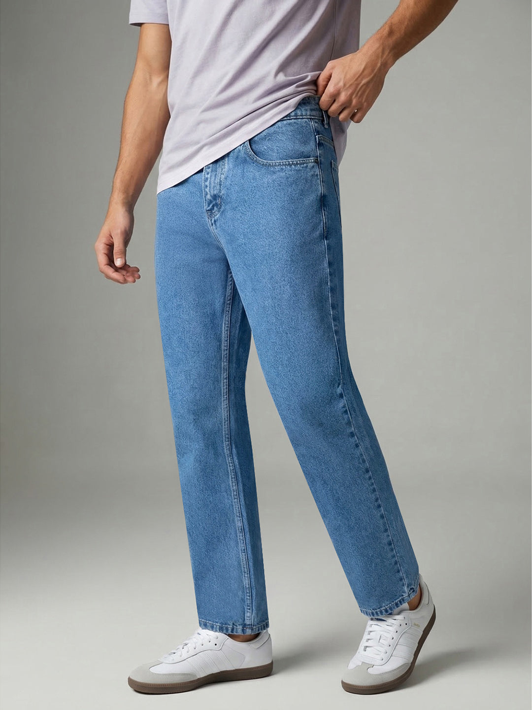 Men's Ice Blue Relaxed Fit Washed Denim Jeans Non-Stretchable