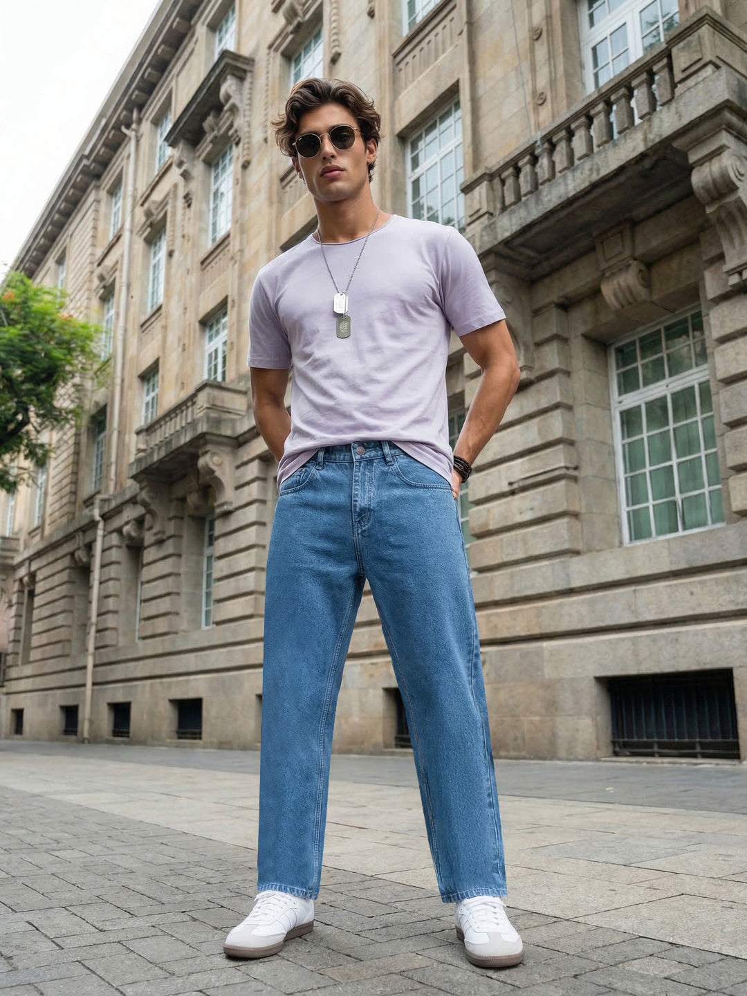 Men's Ice Blue Relaxed Fit Washed Denim Jeans Non-Stretchable