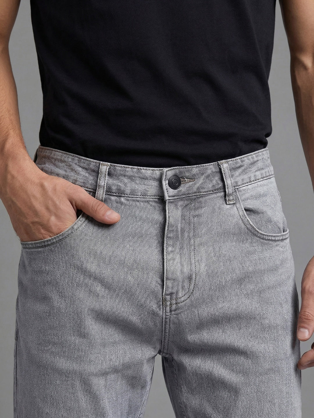 Men's Ice Grey Relaxed Fit Washed Denim Jeans Non-Stretchable