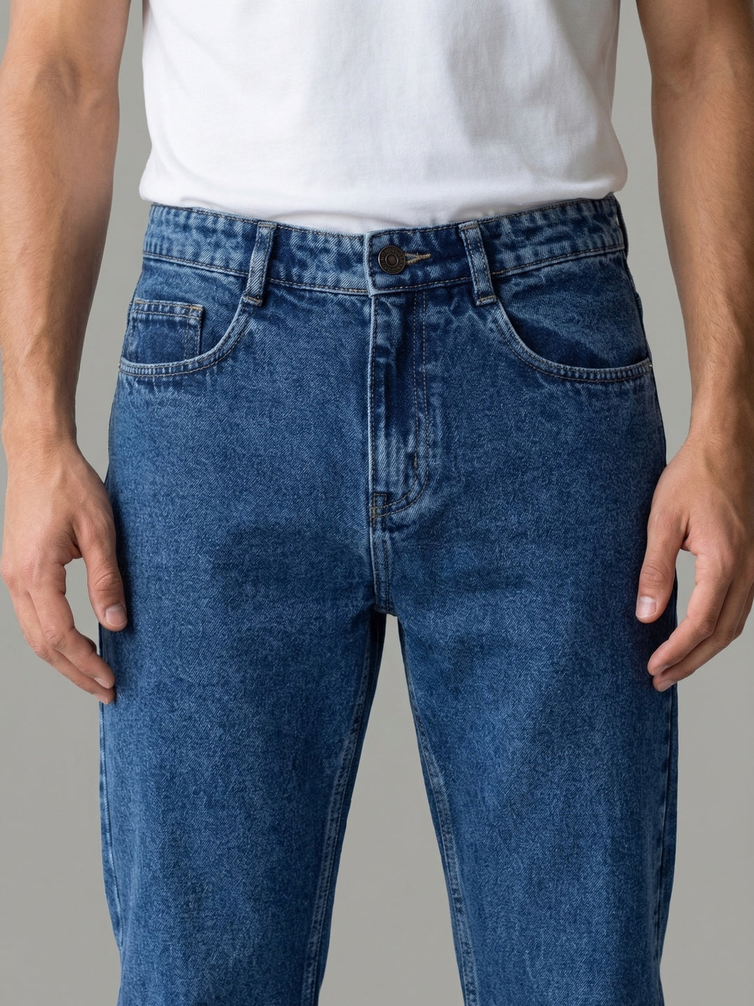 Men's Light Blue Relaxed Fit Washed Denim Jeans Non-Stretchable