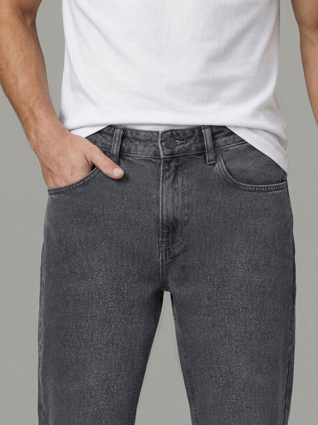 Men's Light Grey Relaxed Fit Washed Denim Jeans Non-Stretchable