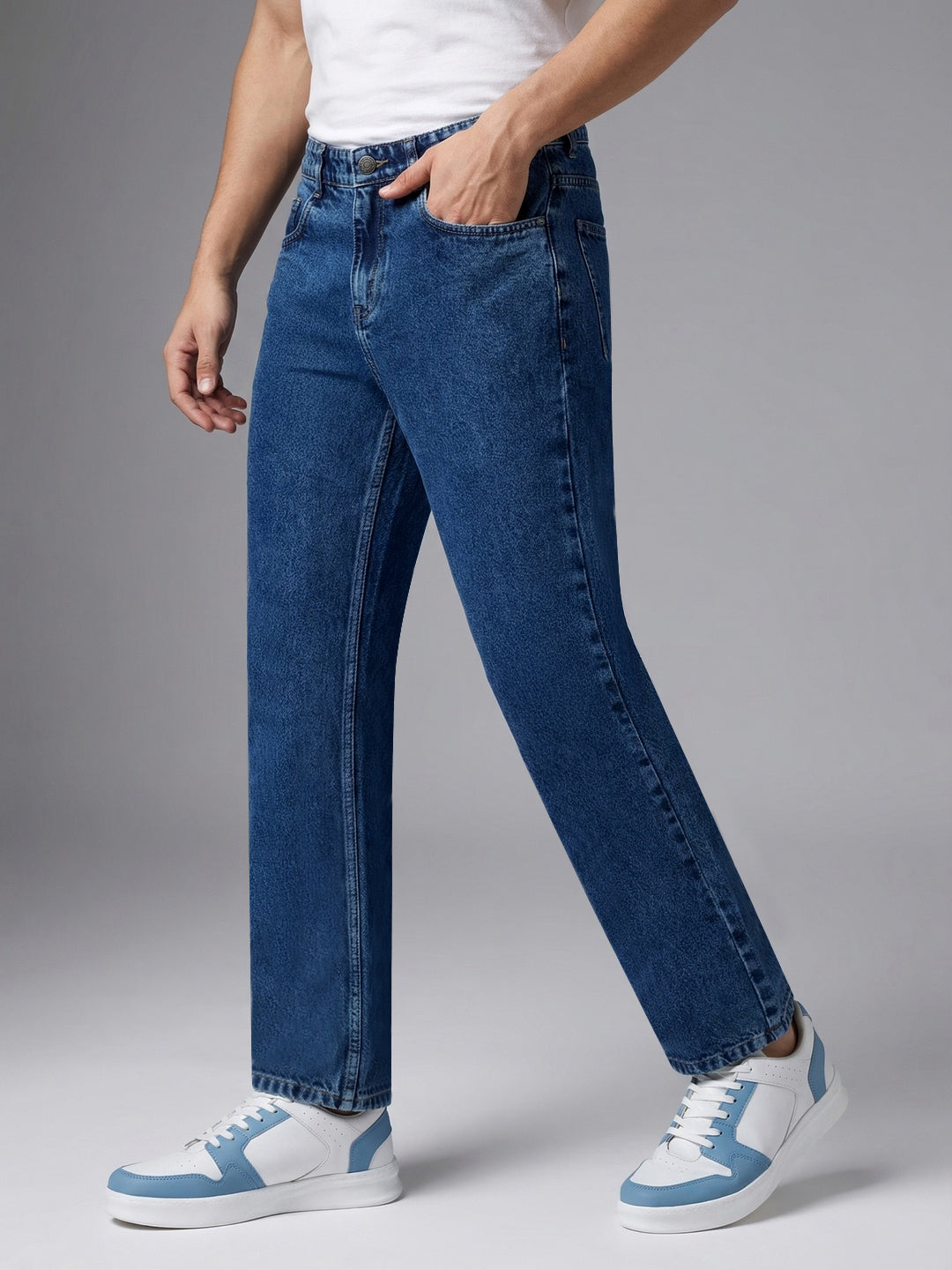 Men's Blue Relaxed Fit Washed Denim Jeans Non-Stretchable