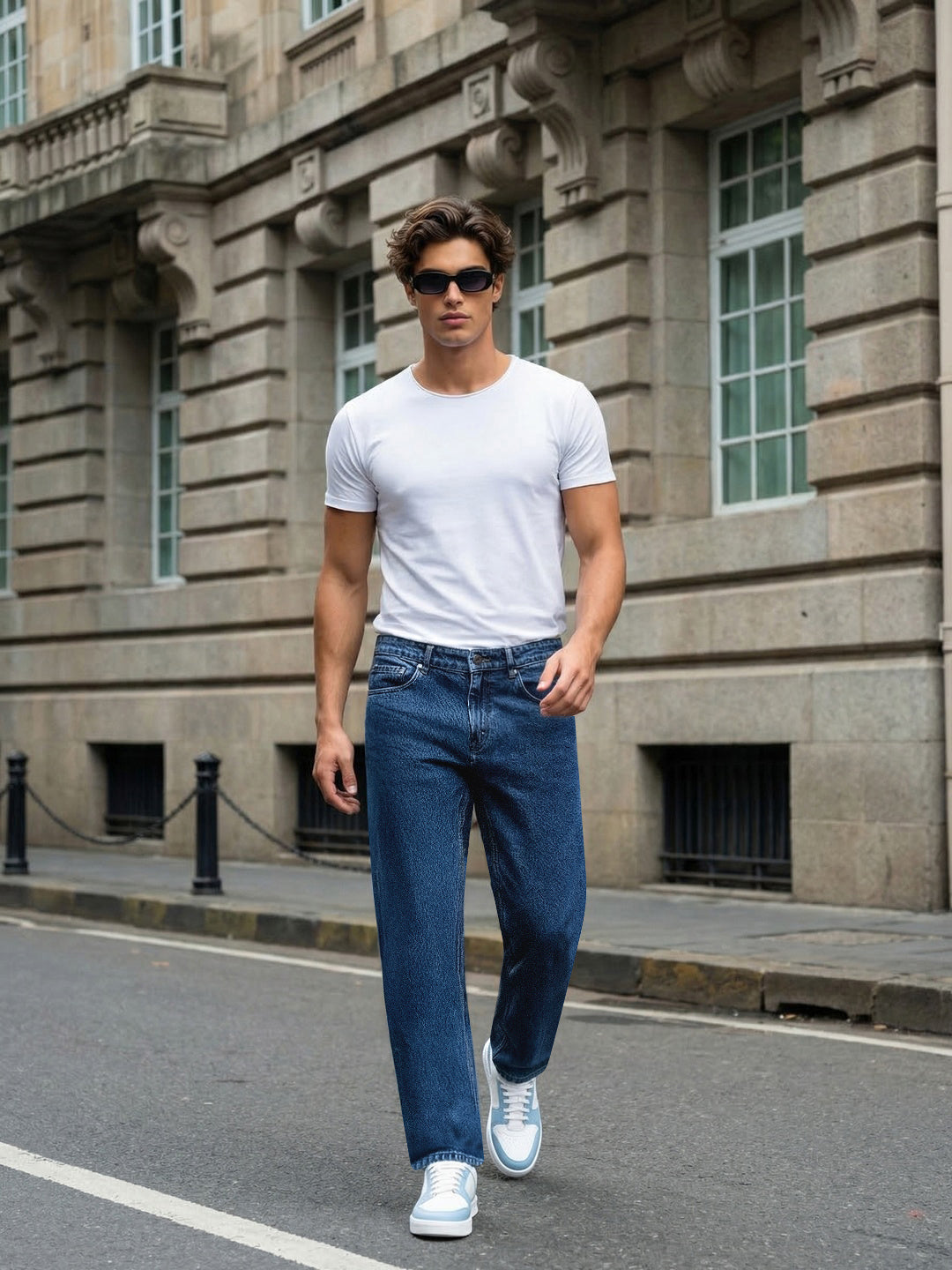 Men's Blue Relaxed Fit Washed Denim Jeans Non-Stretchable