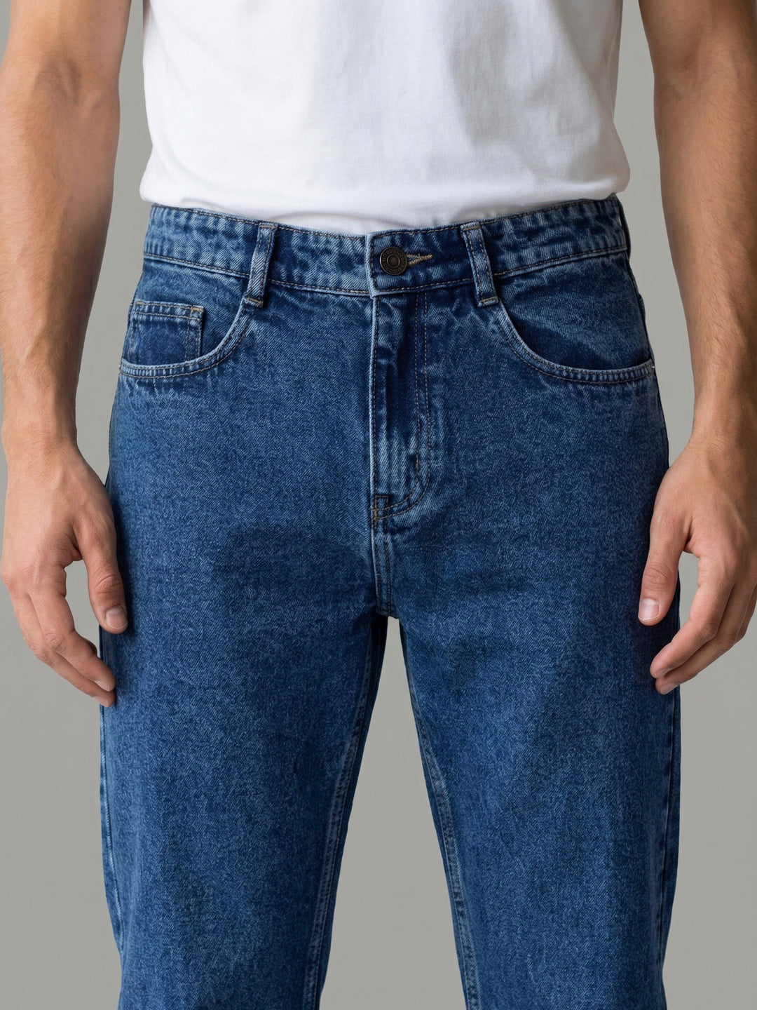 Men's Blue Relaxed Fit Washed Denim Jeans Non-Stretchable