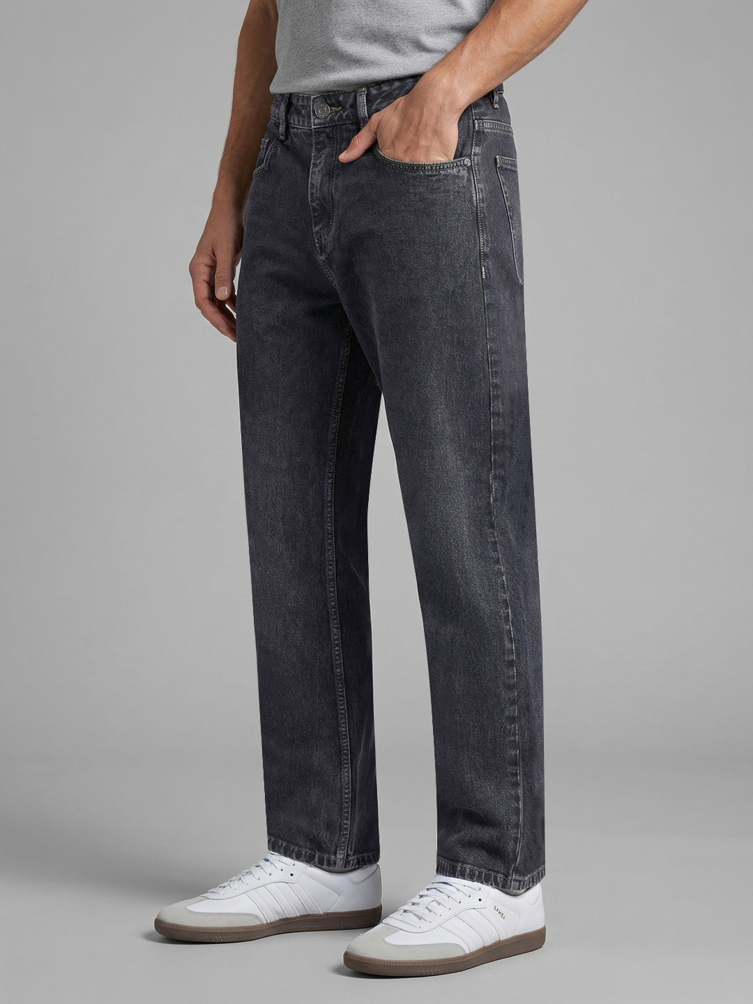 Men's Grey Relaxed Fit Washed Denim Jeans Non-Stretchable