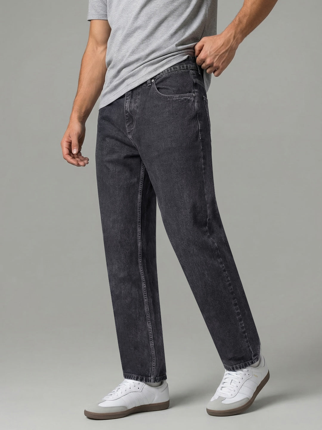 Men's Grey Relaxed Fit Washed Denim Jeans Non-Stretchable