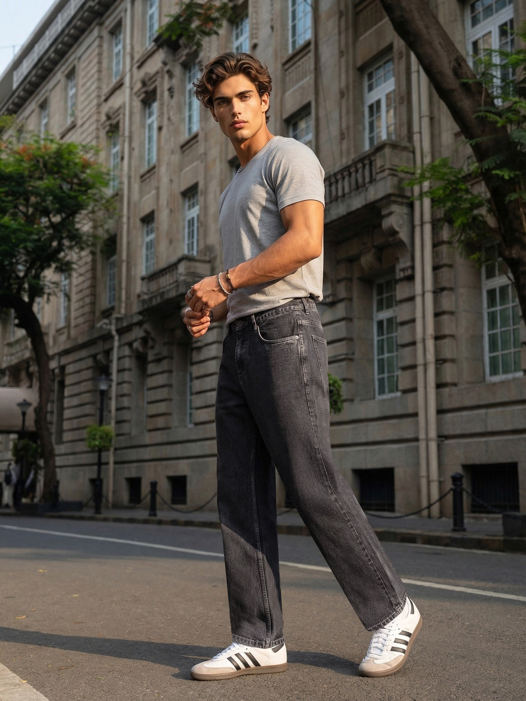 Men's Grey Relaxed Fit Washed Denim Jeans Non-Stretchable