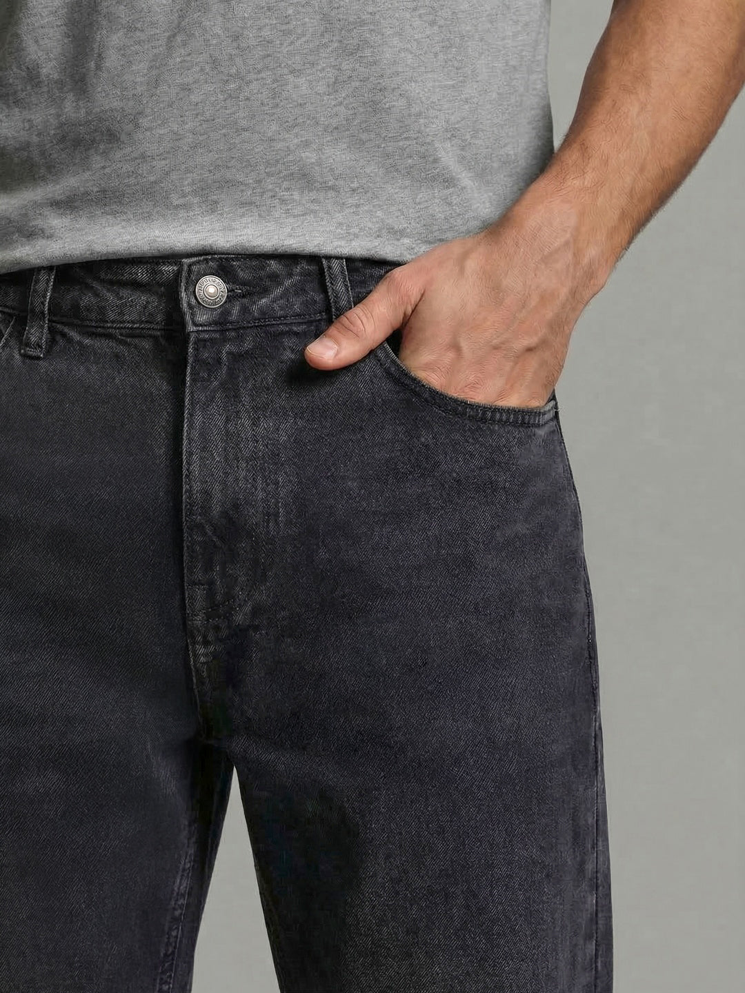 Men's Grey Relaxed Fit Washed Denim Jeans Non-Stretchable