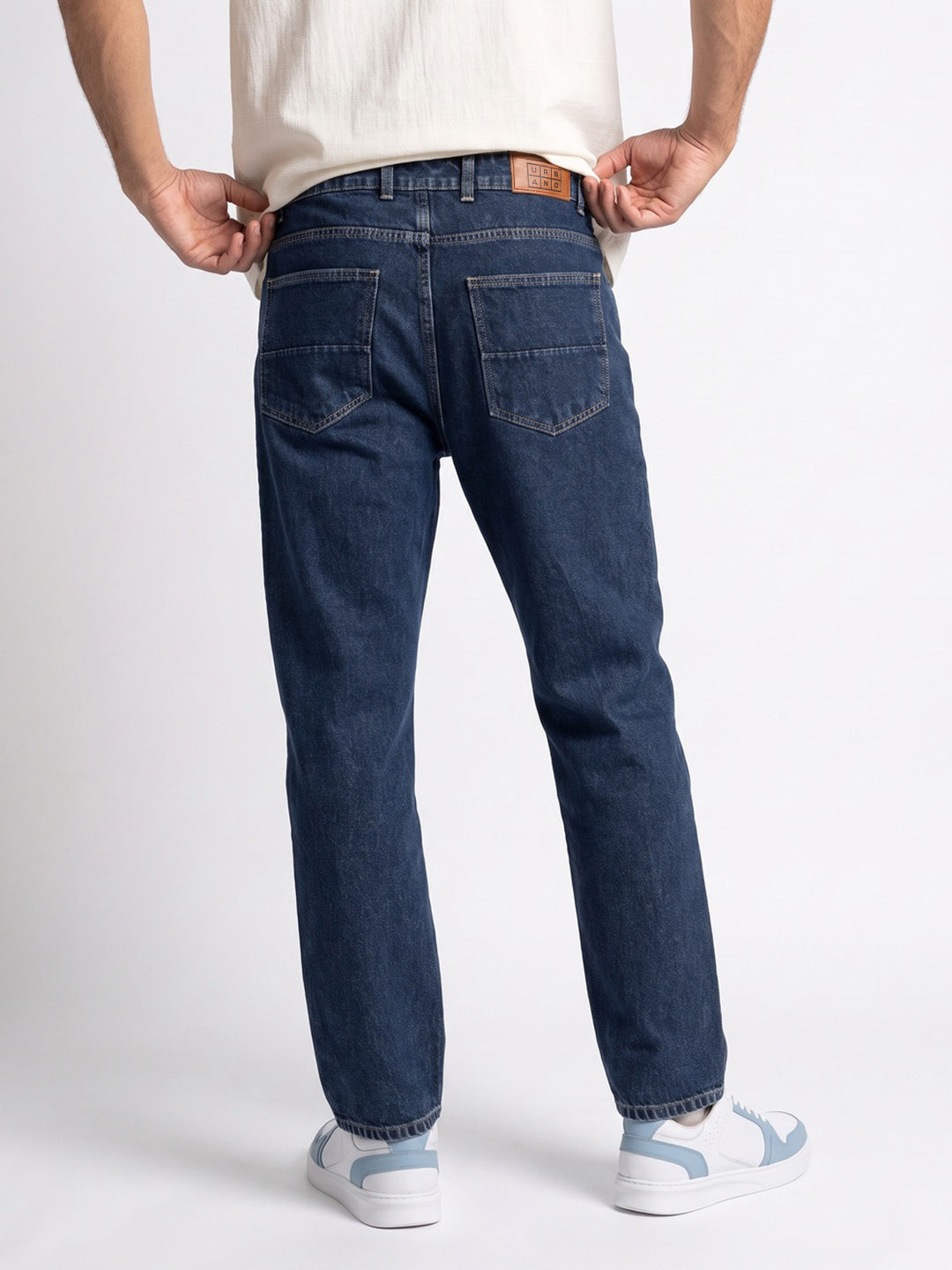 Men's Dark Blue Relaxed Fit Washed Denim Jeans Non-Stretchable