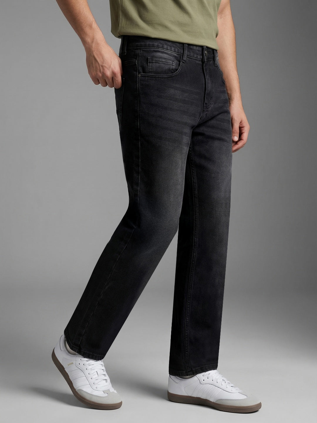 Men's Black Relaxed Fit Washed Denim Jeans Non-Stretchable