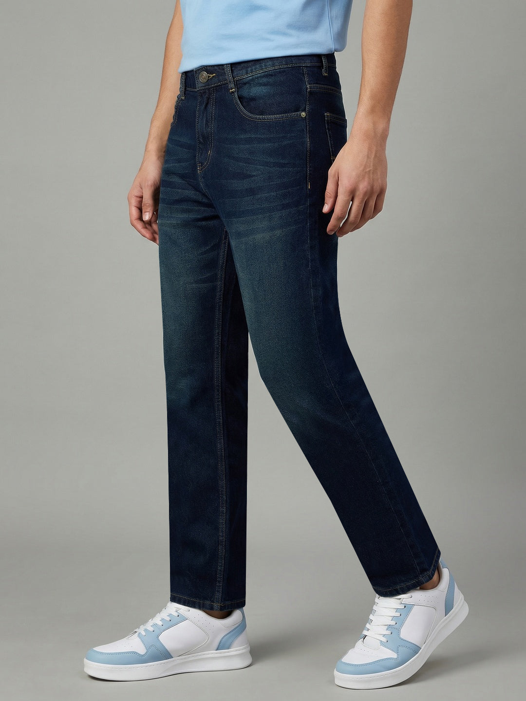 Men's Dark Blue Relaxed Fit Washed Denim Jeans Non-Stretchable