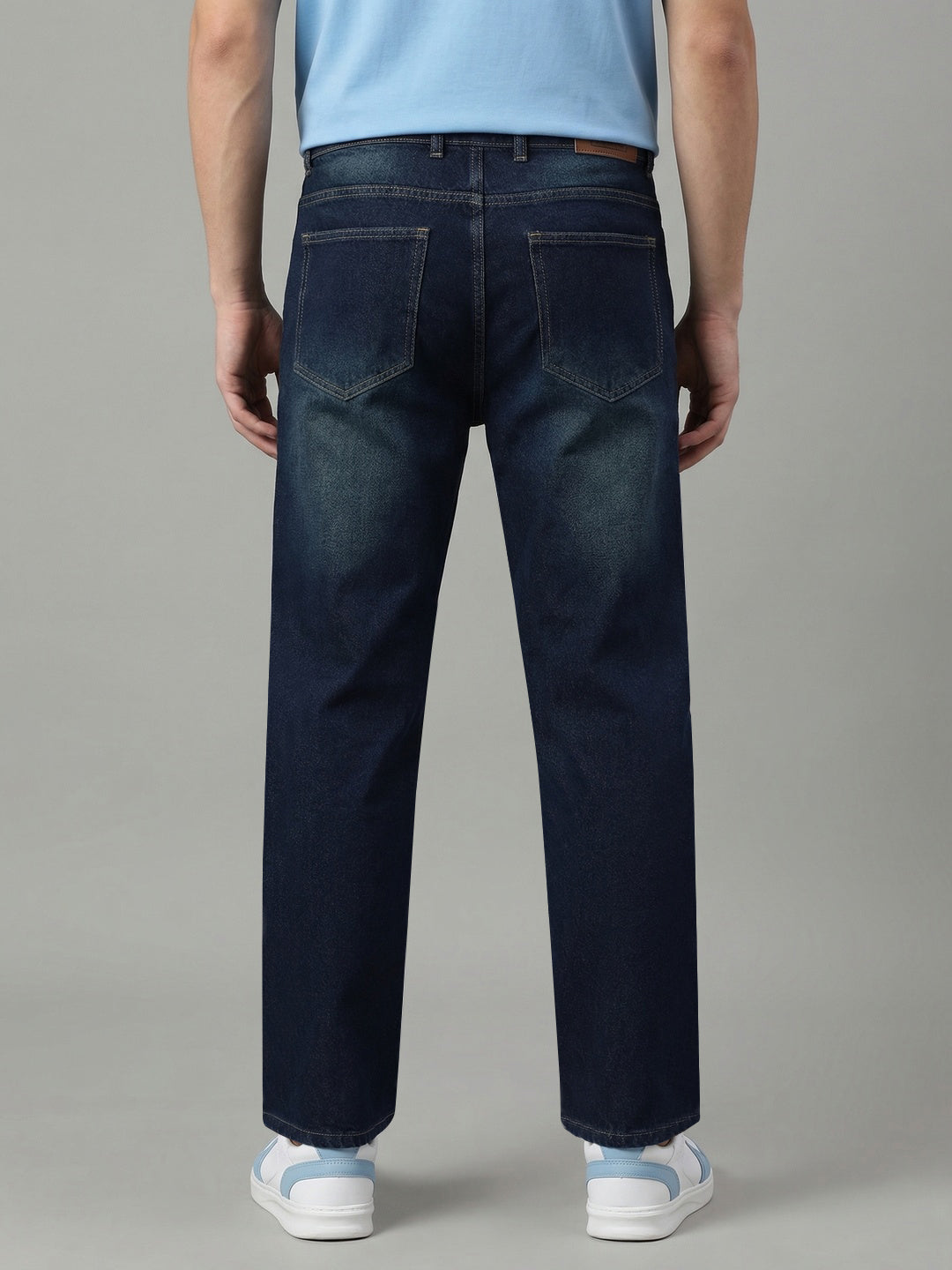 Men's Dark Blue Relaxed Fit Washed Denim Jeans Non-Stretchable