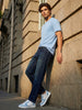 Men's Dark Blue Relaxed Fit Washed Denim Jeans Non-Stretchable
