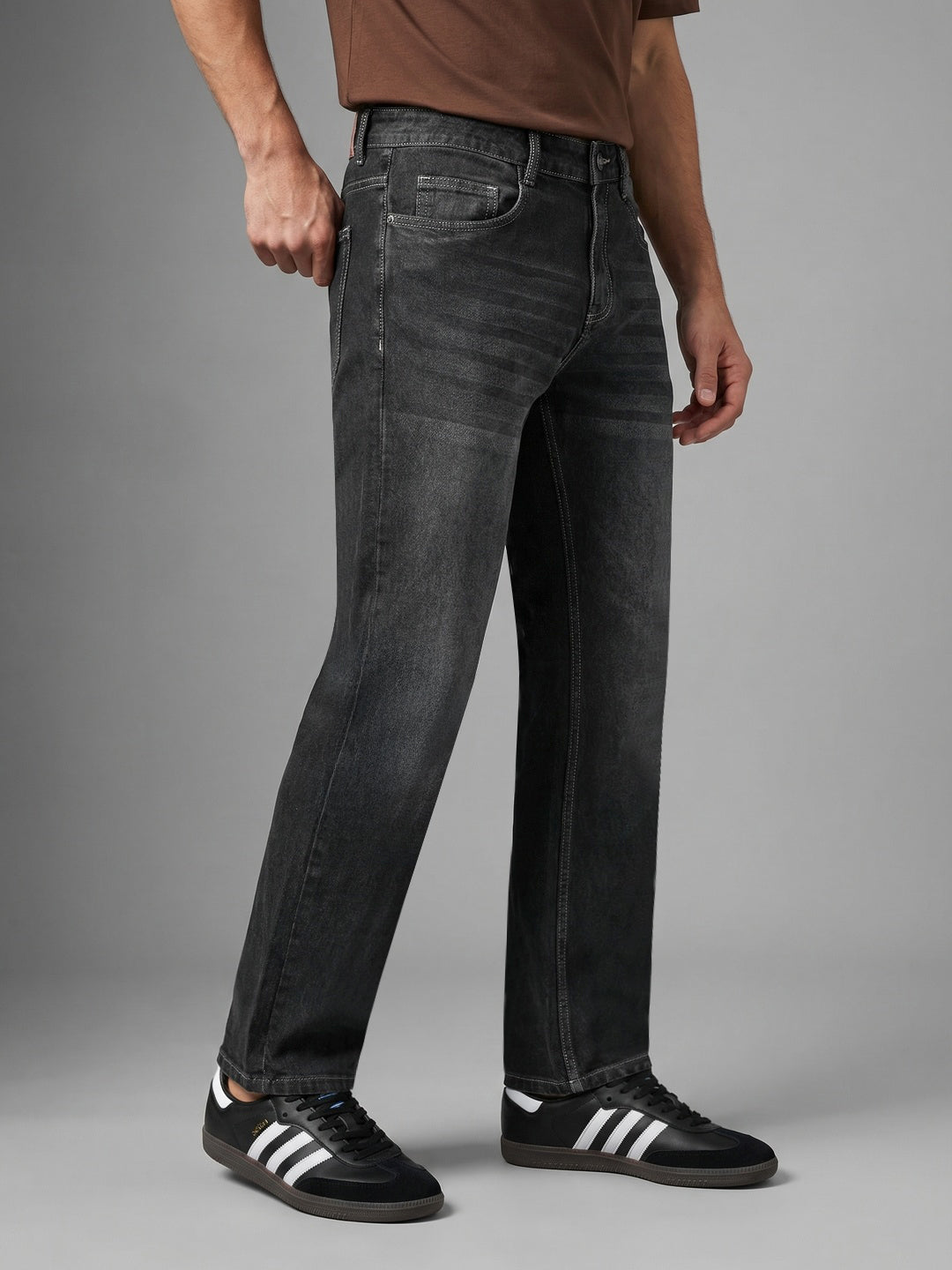 Men's Dark Grey Relaxed Fit Washed Denim Jeans Non-Stretchable